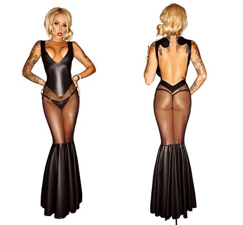 Women S Backless Leather Mermaid Perspective Tight Clubwear Fancy Dress