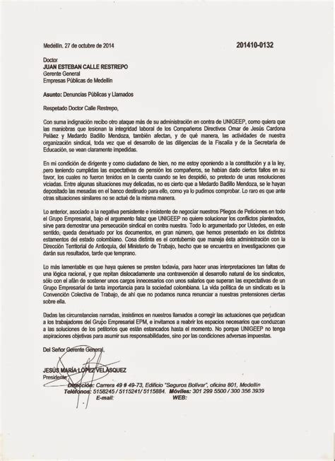 Unión Sindical Grupo Empresarial EPM UNIGEEP Carta al Gerente General