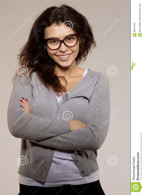 Nerd Girl In Glasses And With Brackets On Teeth Positive Excel Stock