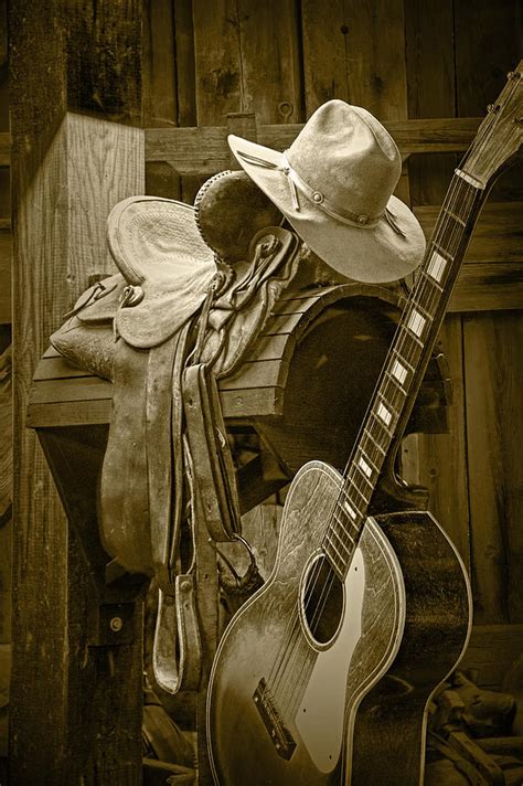 Western Country 6 String Acoustic Guitar In Sepia Tone With Horse
