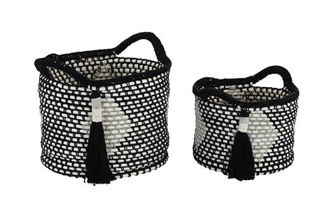 Decmode Large Round Black And White Cotton Rope Storage Baskets With