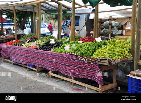 Fruit And Vegetables For Sale On Market Stalls At Içmeler Market Stock