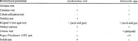 Dffirent Biochemical Test Results For Escherichia Coli And Klebsiella
