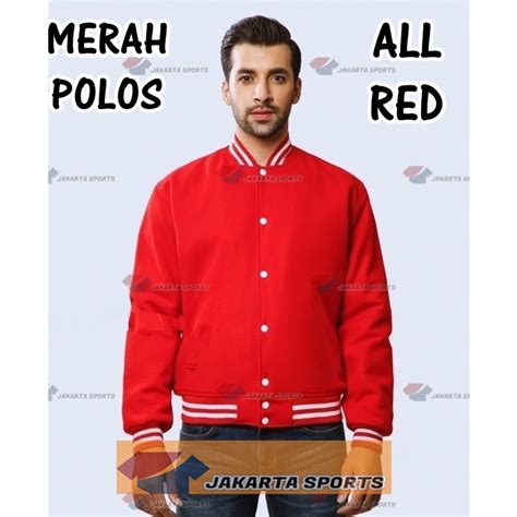 Jual Jaket Varsity Merah Polos Baseball Pria Wanita Murah Bomber Jacket