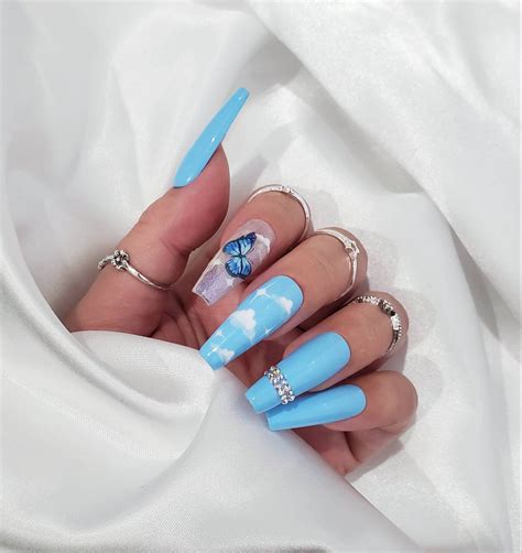 Blue Nails With Butterfly Sticker Diamond Nails Cloud Nail Designs