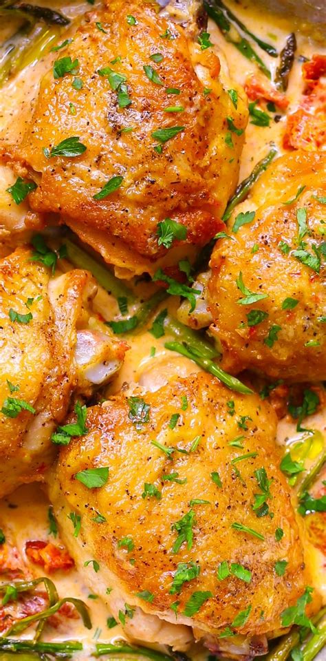 See more ideas about recipes, chicken recipes, diabetic chicken recipes. Chicken Thighs with Creamy Asparagus, Sun-Dried Tomato ...