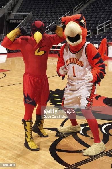 The Atlanta Hawk Mascots Skyhawk And Harry The Hawk Pose For A