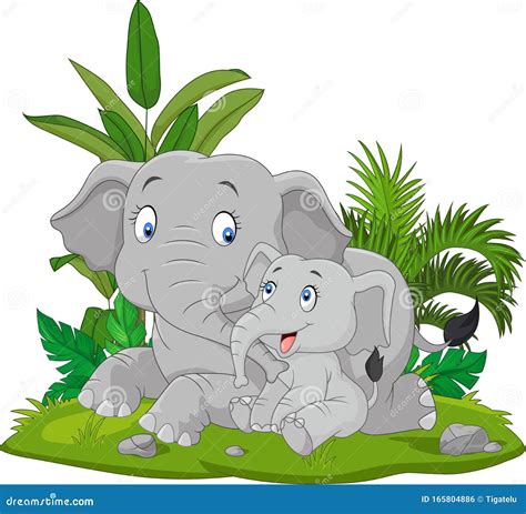 Cartoon Mother And Baby Elephant In The Grass Stock Vector