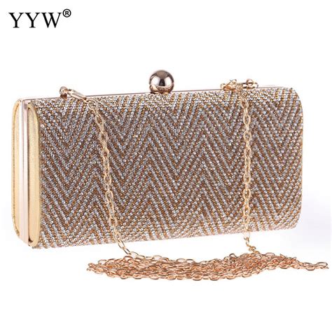 Luxury Brand Gold Clutch Bags Women Evening Bags With Rhinestones Chain
