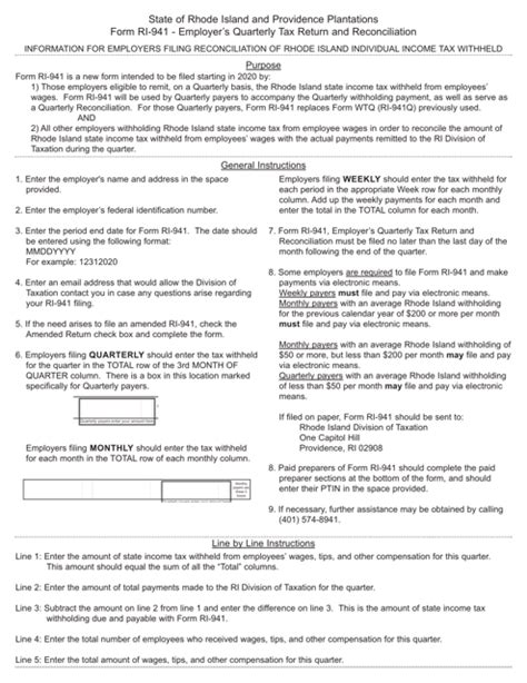 Download Instructions For Form Ri 941 Employers Quarterly Tax Return