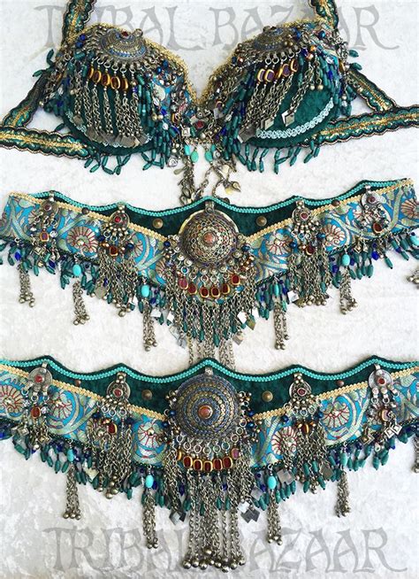 teal turquoise blue green velvet tribal fusion bellydance bra belt set embellished with