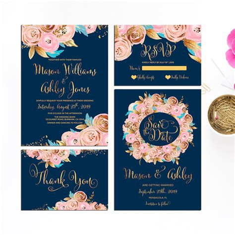 Floral Wedding Invitation Suite Printable Wedding Invitation Etsy