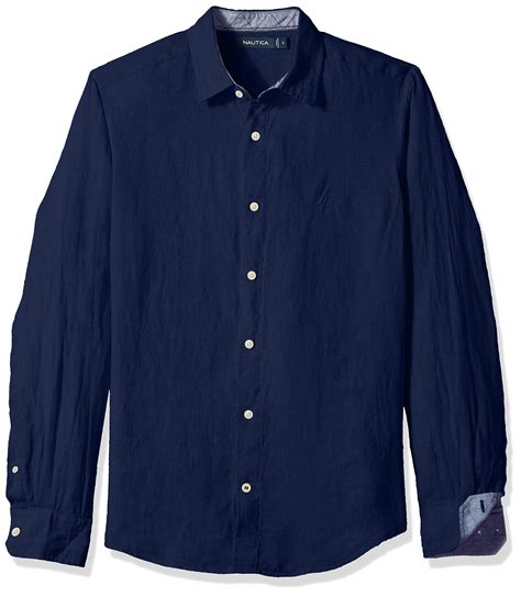 Nautica Mens Long Sleeve Solid Color Button Down Linen Shirt