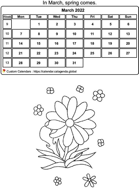 March 2022 Calendar Coloring Page