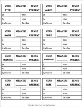 Irregular French Verbs Conjugation Practice Charts Present Tense