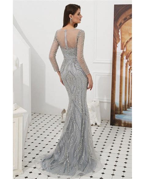 Luxury Silver Mermaid Long Sleeve Prom Dress With Sparkly Beading