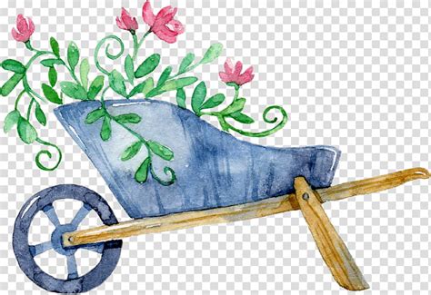 Watercolor Flower Wheelbarrow Gardening Cart Drawing Crop