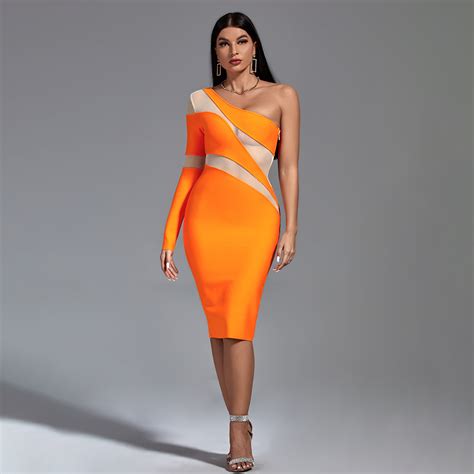Ocstrade Sexy Mesh Bandage Midi Dress Orange Oblique Neck One Shoulder