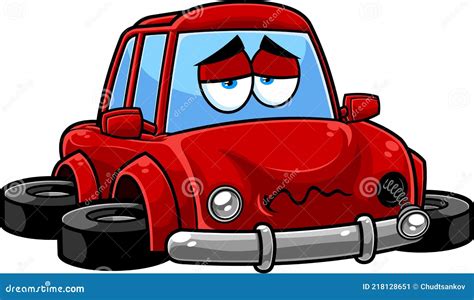 Sad Red Car Cartoon Character Crashed And Broken Vehicle Stock Vector