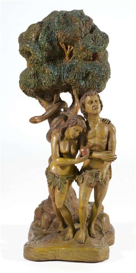 Exceptional Wood Carving Of Adam And Eve Polychrome Depictio