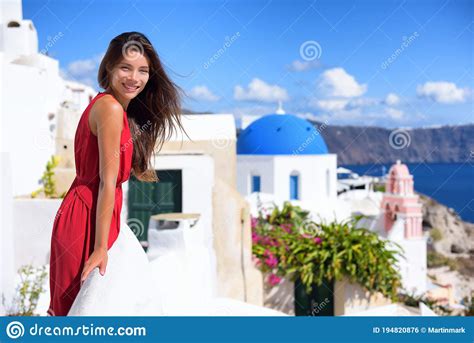 Europe Greece Santorini Luxury Travel Vacation Woman On Famous