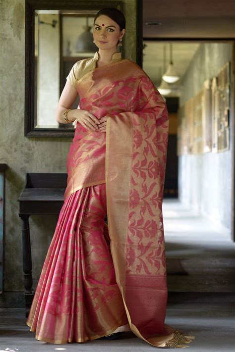 Dull Pink And Gold Radiant Banarasi Tissue Saree With Gold Border Sr19091