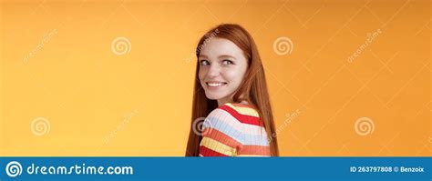Tender Romantic Carefree European Redhead Girlfriend Turning Behind Look Left Amused Smiling