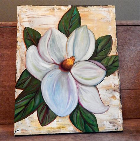 A Painting Of A White Flower With Green Leaves