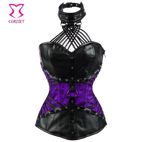 Purple Black Leather Halter Corset Tops Plus Size Gothic Clothing