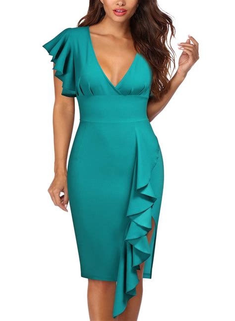 Knitee Women S Deep V Neck Ruffle Sleeves Cocktail Party Pencil Slit Formal Dress