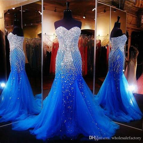 Luxury Ocean Blue Strapless Beaded Mermaid Long Prom Dresses Tulle