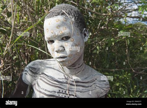Surma Boy With Body Painting Face Painting Surma Tribe Kibish Omo Valley Ethiopia Stock