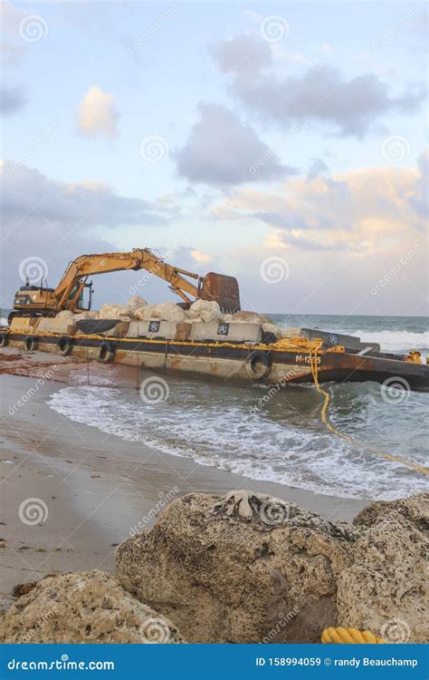 Barge And Tugboat Grounded On Deerfield Beach Florida Editorial Stock