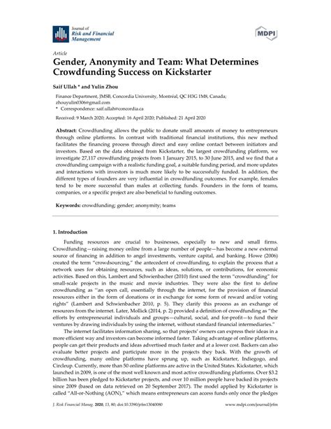 Pdf Gender Anonymity And Team What Determines Crowdfunding Success On Kickstarter