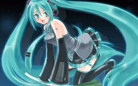 Wallpaper Illustration Anime Girls Blue Vocaloid Hatsune Miku Bent Over Screenshot