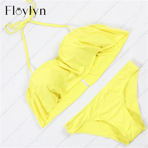 Floylyn Sexy Yellow Ruffle Bikini Set Women Female Brazilian Push Up