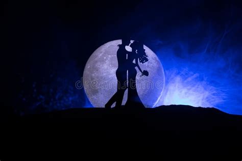 Young Couple In Love At Beautiful Moon Of Night Stock Image Image Of