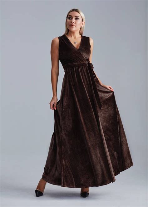 Brown Velvet Dress Sleeveless Velvet Dress Wrap Maxi Dress Etsy Uk