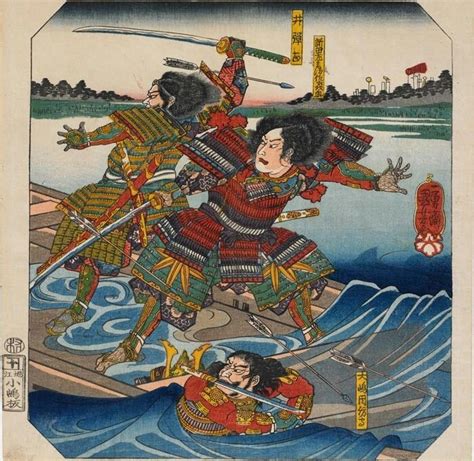 Ukiyo E Woodblock Print Of Samurai Fighting On Water Japanese