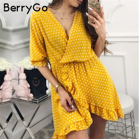 Berrygo Retro Dot High Waist Short Dress Summer 2018 Cross V Neck Wrap Mini Dress Women Half