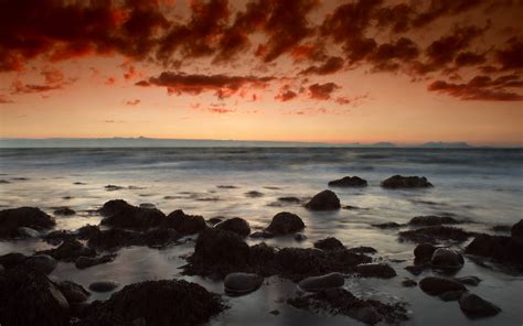 Wallpaper Sunlight Sunset Sea Bay Rock Shore Sand Reflection