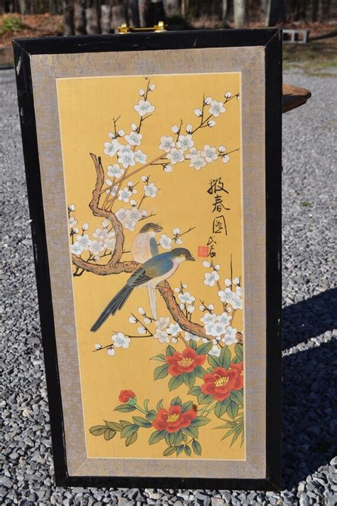Vintage Asian Silk Painting Framed Signed Bird Flower Scene
