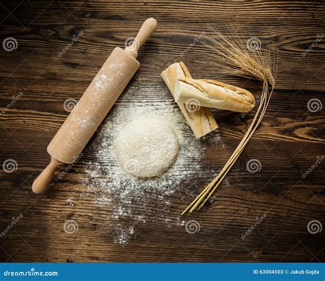 Yeast Dough On Table With Rolling Pin Stock Image Image Of Food Cook