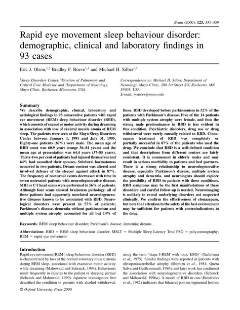 Pdf Rapid Eye Movement Sleep Behaviour Disorder Demographic Clinical And Laboratory Findings