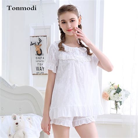 Ladies Summer Pyjamas Short Sleeve Cotton Pajamas Shorts Sexy Lace