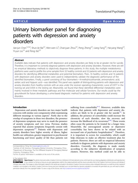 PDF Urinary Biomarker Panel For Diagnosing Patients With Depression