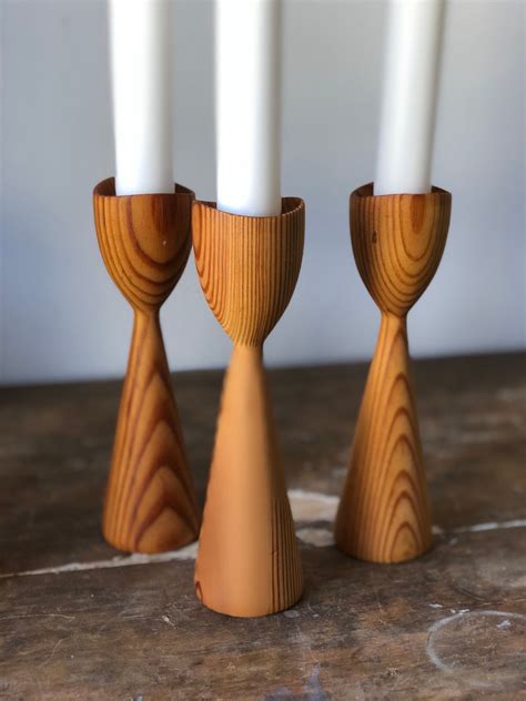 Swedish Wooden Turned Candle Stick Holders 1977 Scandinavian