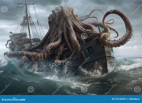 Giant Octopus Kraken Monster Wrapping Its Tentacles Around Shipwreck