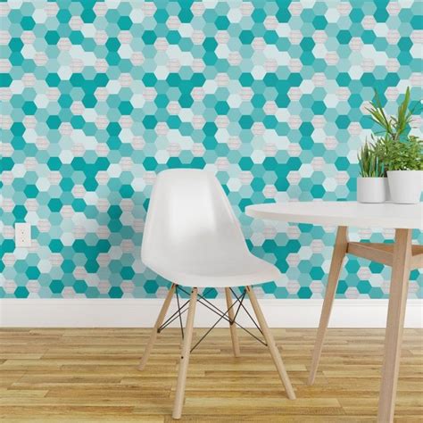 Geometric Wallpaper Teal Hexies By Ivieclothco Hexagons Etsy In 2020