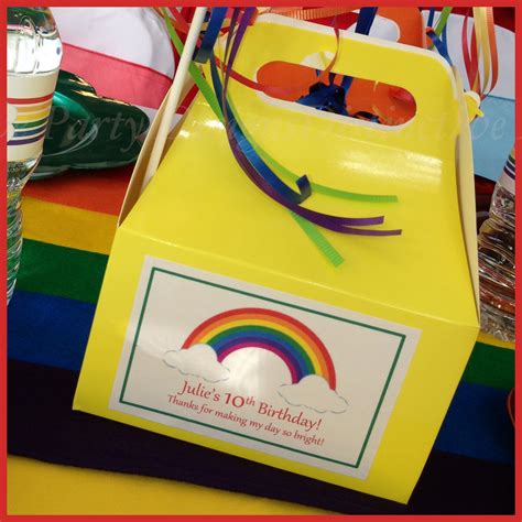 Treat Box With Personalized Label For Rainbow Themed Birthday Party